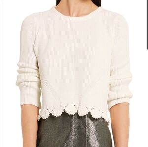 Maje Cream Cropped Crew Neck Sweater with Scalloped Hem